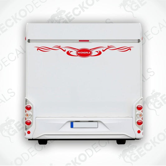 Red Avondale tribal flourish decal applied to white caravan rear door