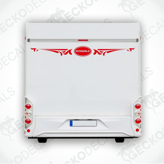 Red Avondale caravan rear decal with ornate scrollwork on white vehicle