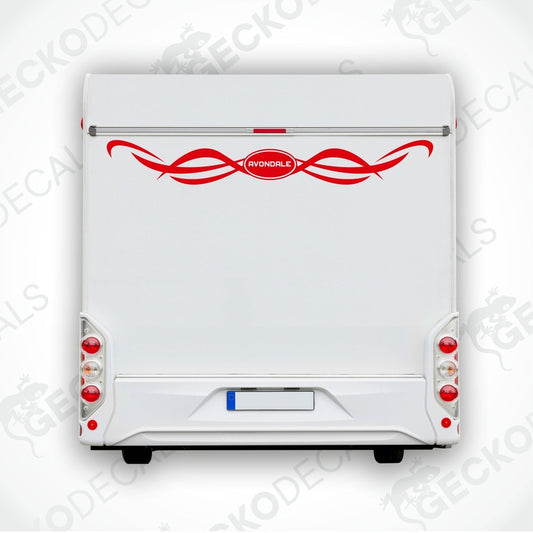 Red Avondale caravan rear decal on white vehicle