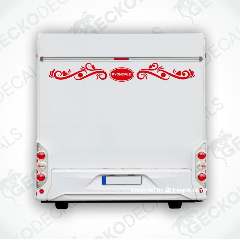 Red Avondale decorative rear decal applied to white caravan back door