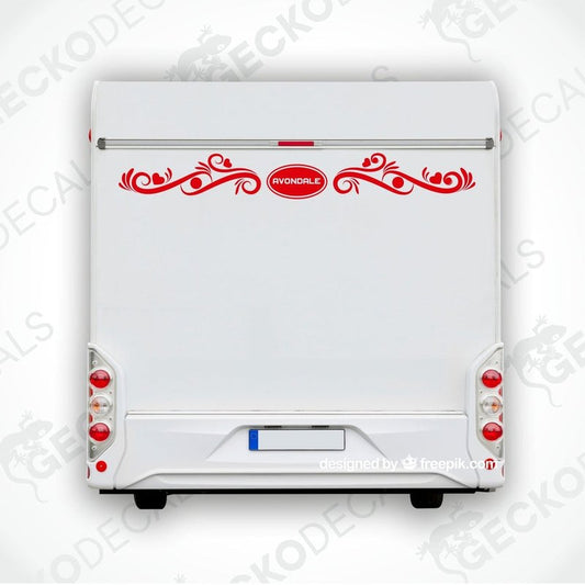 Red Avondale decorative rear decal applied to white caravan back door