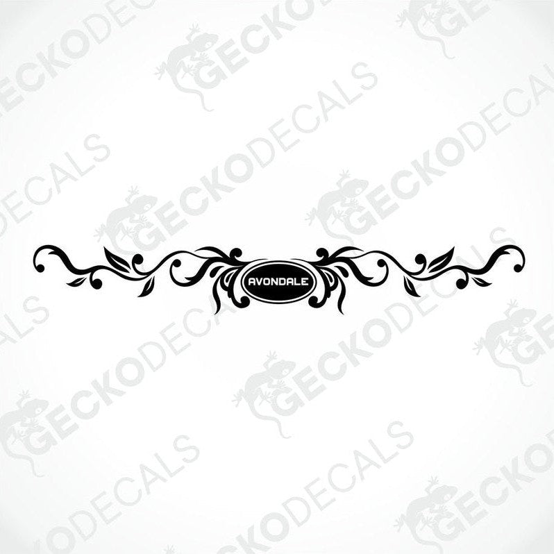 Black Avondale ornamental vine die-cut sticker on white background