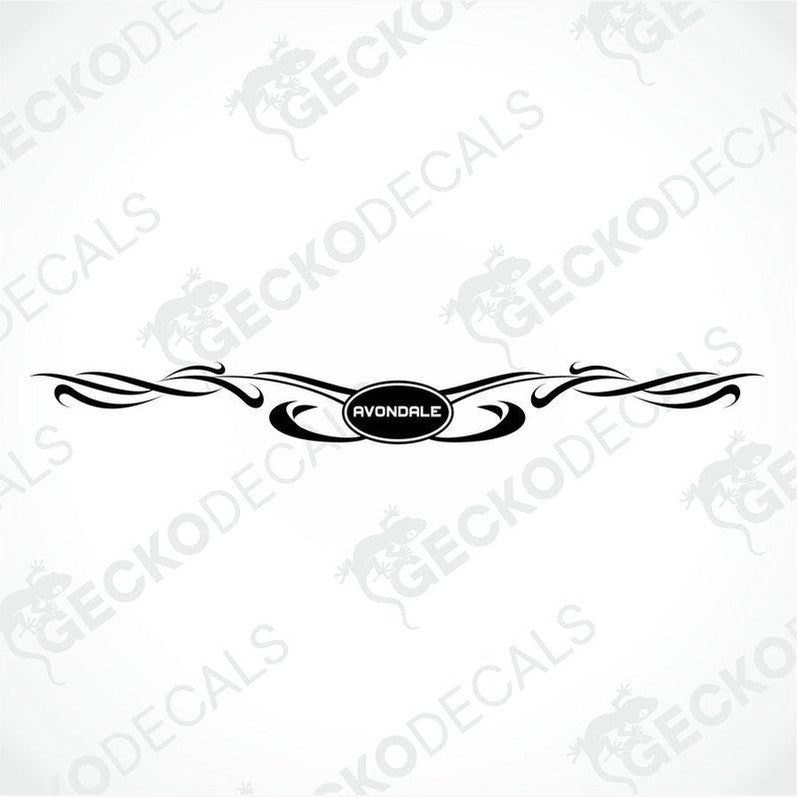 Black Avondale tribal flourish die-cut caravan decal on transfer paper
