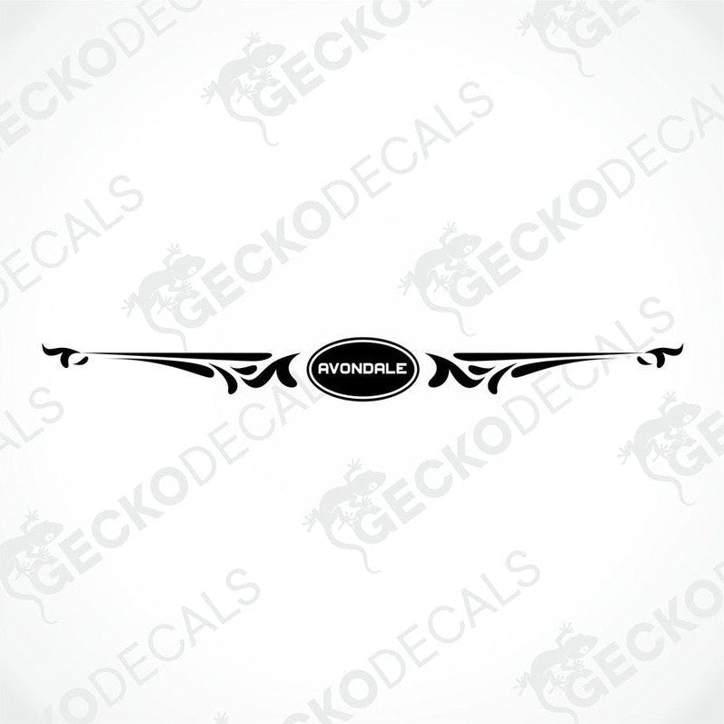 Black Avondale die-cut sticker with symmetrical scroll design isolated