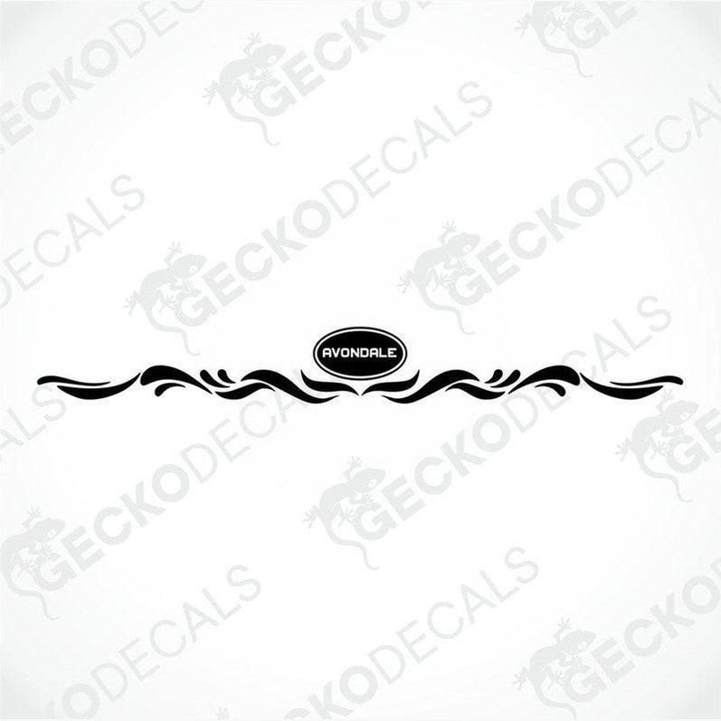 Black and white Avondale die-cut sticker design with scrollwork flourish