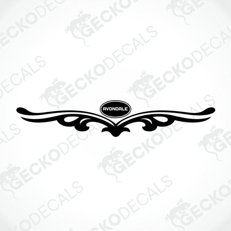 Black Avondale winged flourish die-cut caravan decal on white background