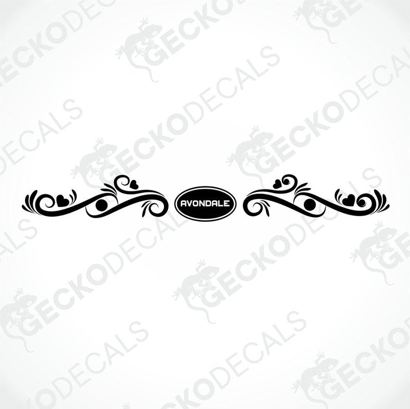 Black Avondale die-cut caravan decal with ornamental scrollwork and hearts