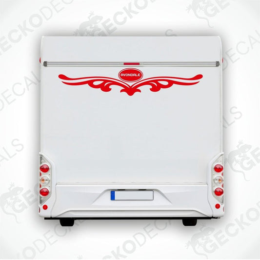 Red Avondale rear decal applied to white caravan door with scrollwork design