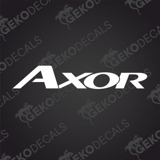 A decal with the brand name 'AXOR' displayed prominently in white lettering against a transparent background, indicating it is designed for use on vehicles or other surfaces.