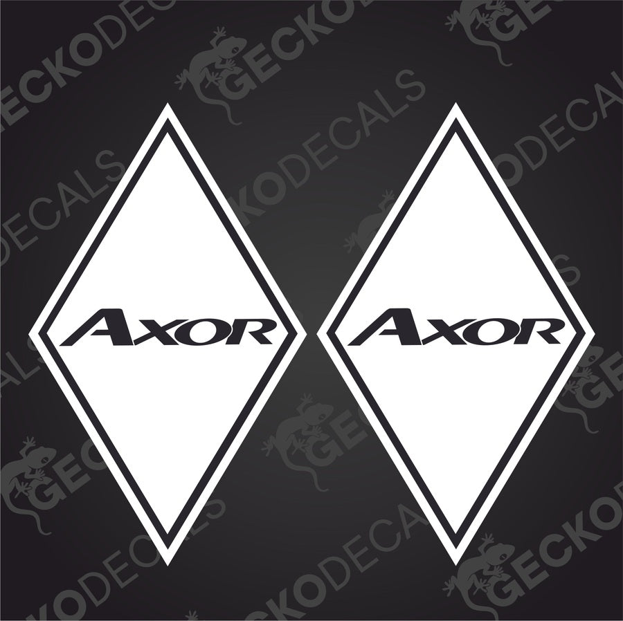 Two white triangular decals with the AXOR brand logo, displayed against a black background with a GeckoDecals watermark.