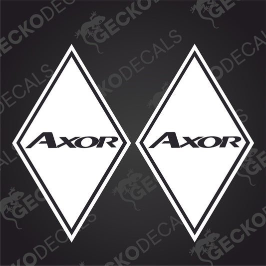 Two white triangular decals with the AXOR brand logo, displayed against a black background with a GeckoDecals watermark.