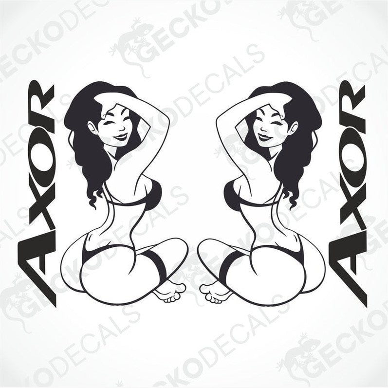 Two black and white stickers of a cartoon girl with the brand name 'AXOR' written above.
