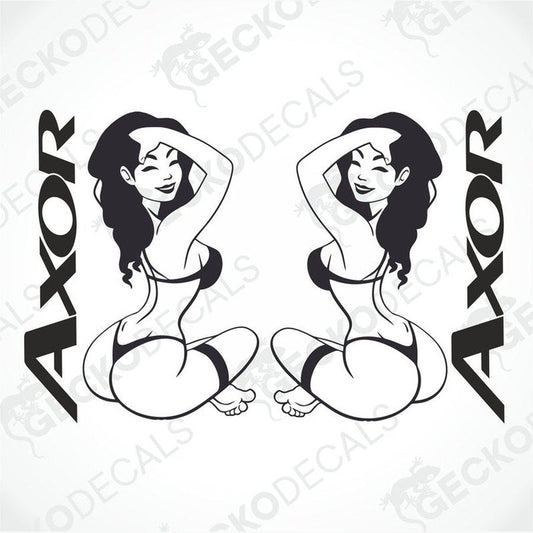 Two black and white stickers of a cartoon girl with the brand name 'AXOR' written above.