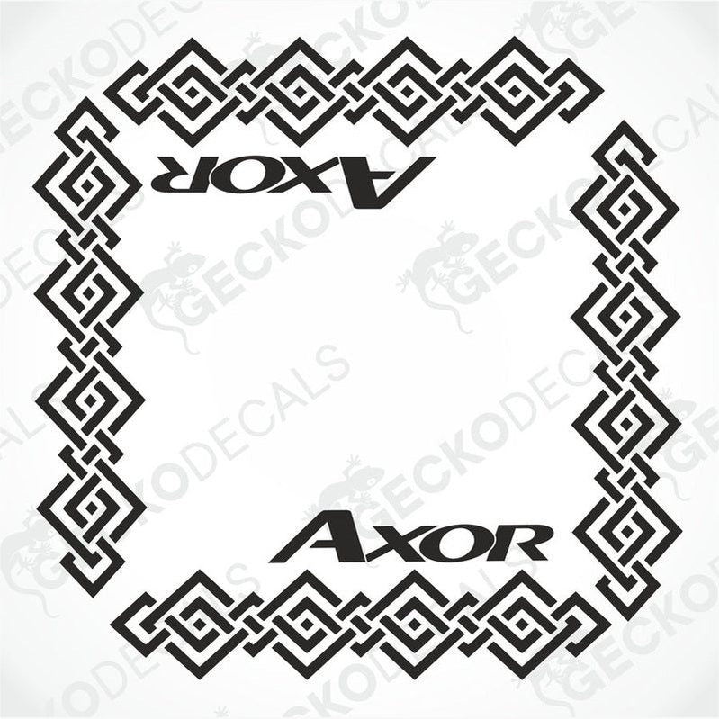 A die cut decal with a geometric pattern featuring the text 'AXOR' suitable for use on side windows of trucks or cars, displayed on a white background.