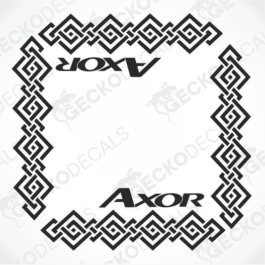 A die cut decal with a geometric pattern featuring the text 'AXOR' suitable for use on side windows of trucks or cars, displayed on a white background.