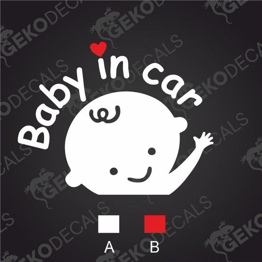 White Baby in Car die cut decal with waving baby graphic and red heart