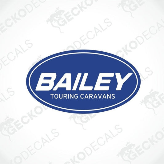Blue oval BAILEY touring caravan sticker with white text for interior or exterior use