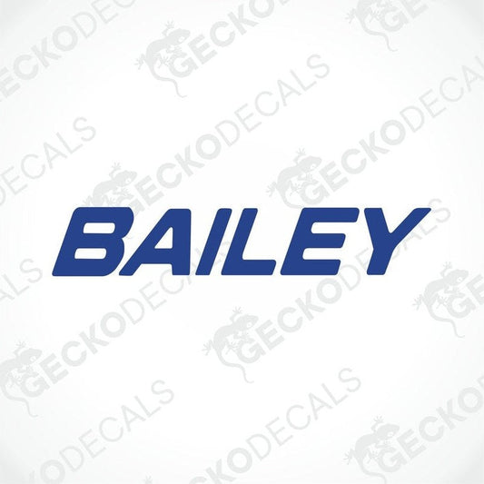 Blue BAILEY die-cut caravan sticker with modern block lettering on white background