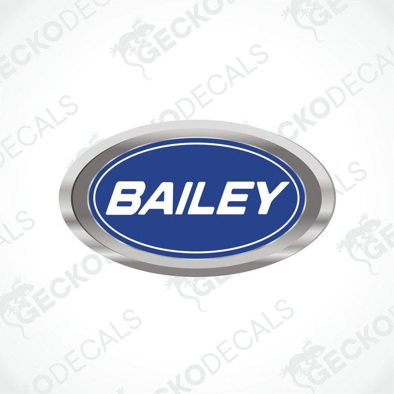 Blue oval BAILEY caravan sticker with metallic silver border and glossy finish