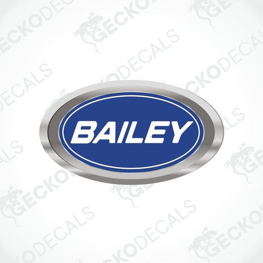 Blue oval BAILEY caravan sticker with metallic silver border and glossy finish