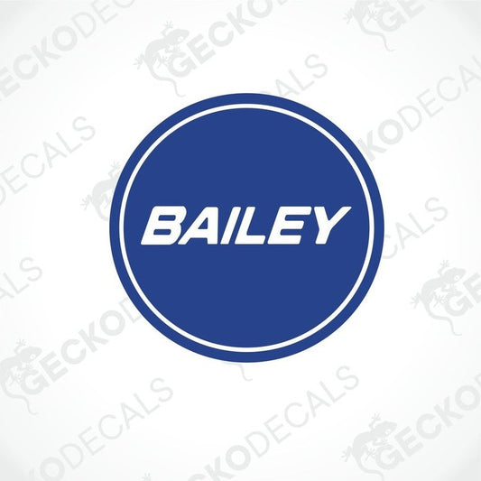 Blue circular BAILEY decorative sticker with white text and laminated finish