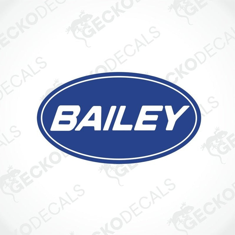 Blue oval BAILEY decorative sticker with white text and glossy laminated finish