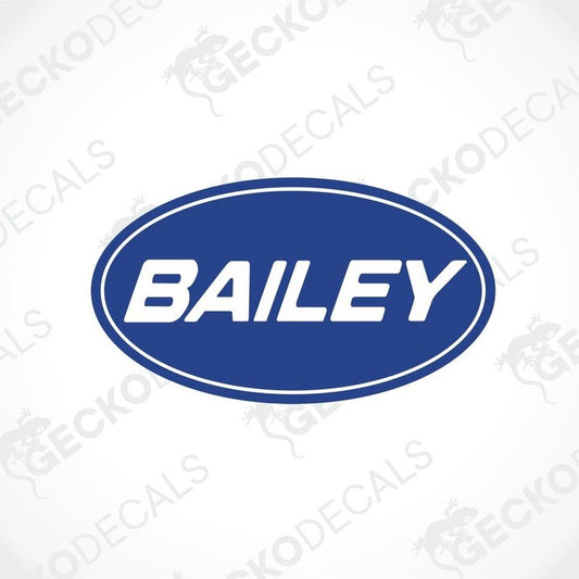 Blue oval BAILEY decorative sticker with white text and glossy laminated finish