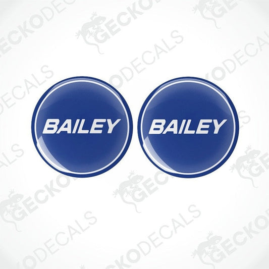 Set of two blue BAILEY caravan epoxy resin decals with domed surface and white border