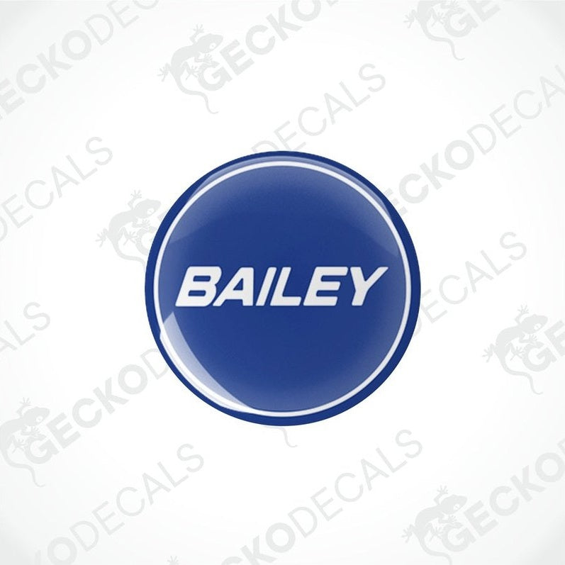 Blue circular BAILEY caravan epoxy decal with domed glossy finish and white border