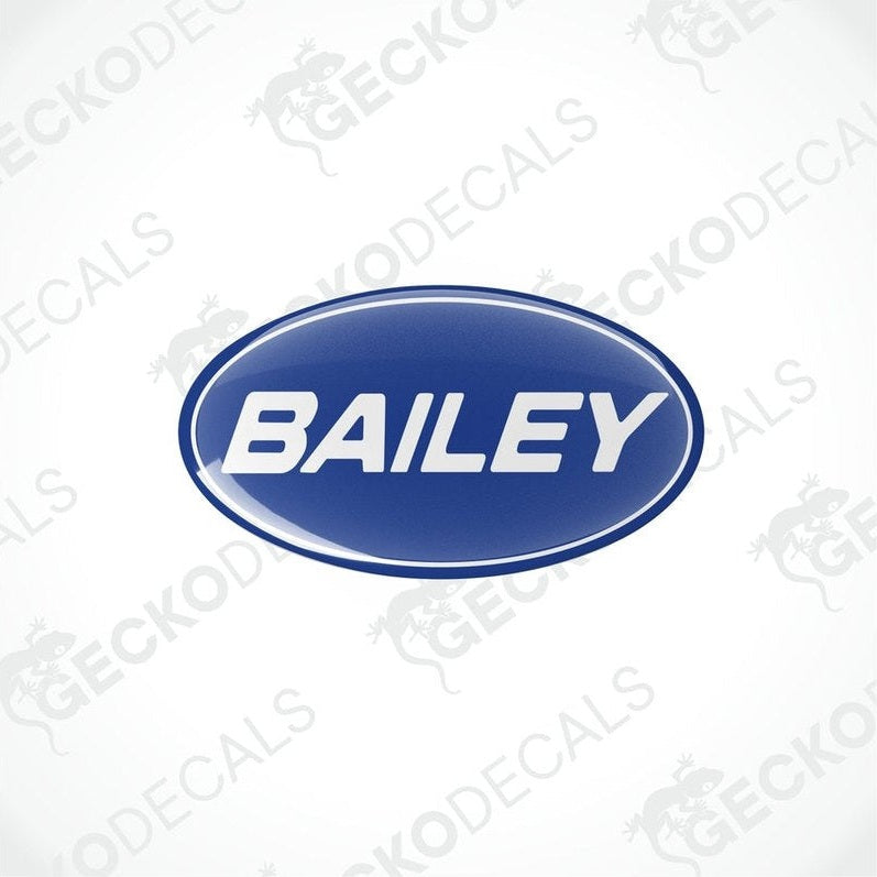 Close-up of glossy blue Bailey caravan vinyl decal with white lettering