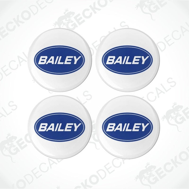 Blue Bailey Caravan domed epoxy resin wheel decals with polyurethane coating