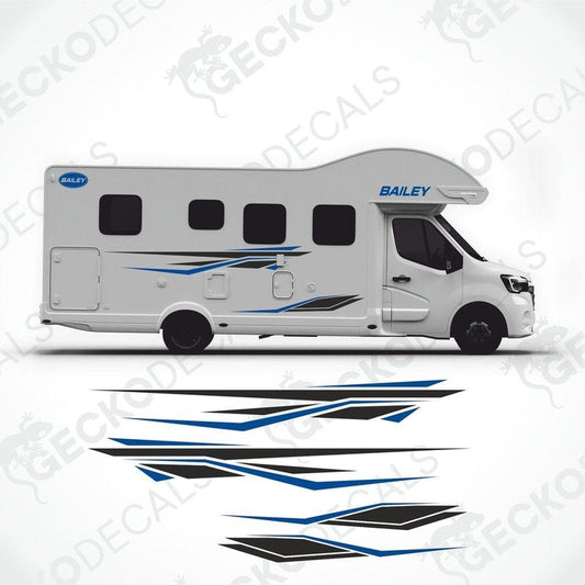 Blue and black BAILEY caravan side decal set with geometric stripes and logo applied to white exterior