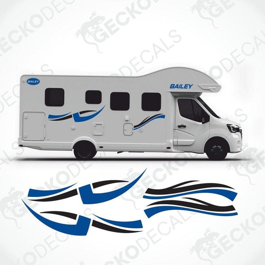 Blue and black BAILEY caravan sticker kit applied to white motorhome exterior showing wave decals and logo placement