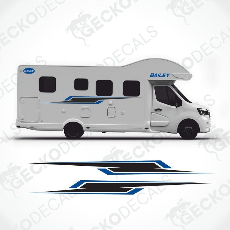 BAILEY caravan side decals with blue and black angular graphics applied to white exterior