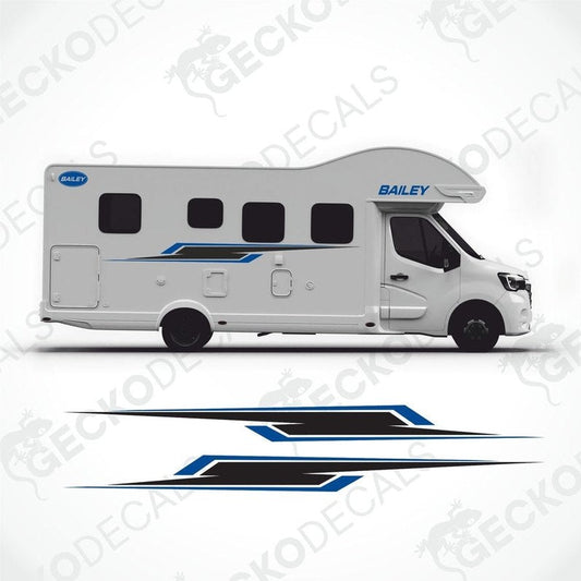 BAILEY caravan side decals with blue and black angular graphics applied to white exterior