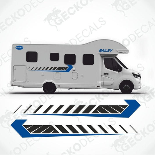 BAILEY caravan decoration set with blue and black striped side decals applied to white exterior