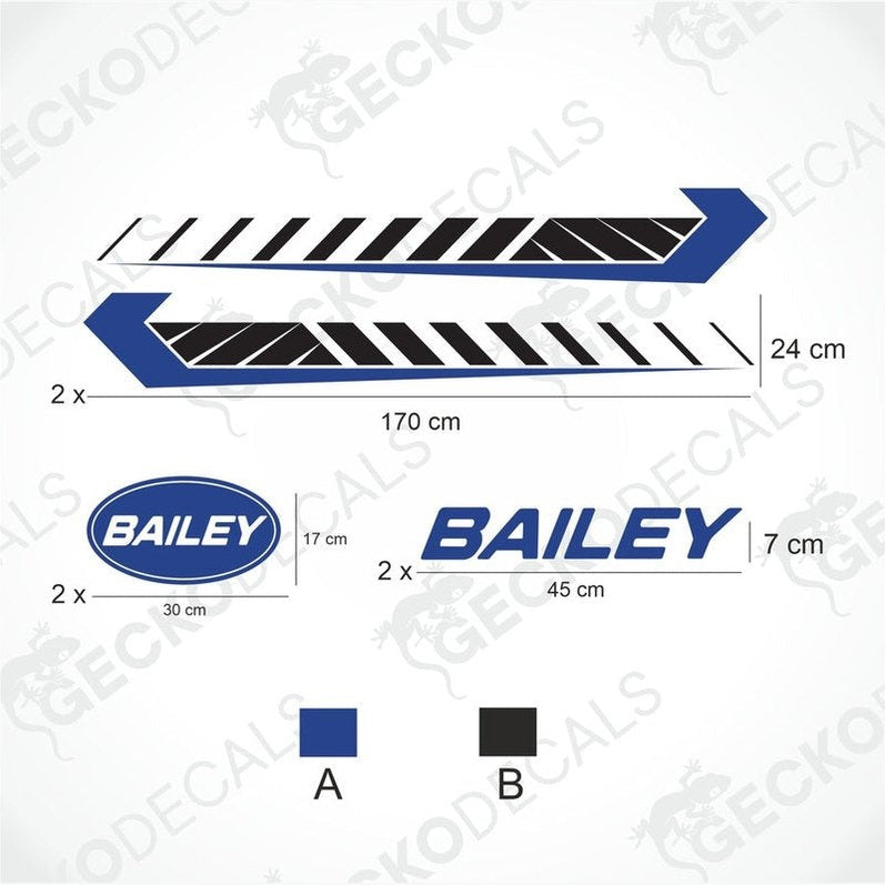 BAILEY DECORATION SET technical diagram showing dimensions for blue and black diagonal stripe decals