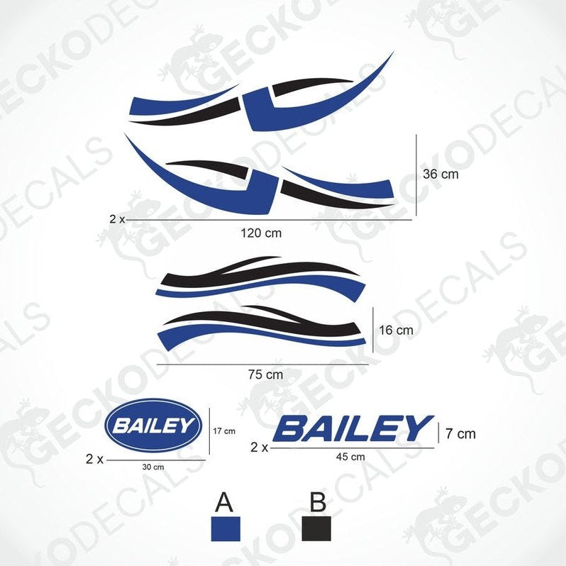 BAILEY caravan decal set technical diagram with blue and black wave side decals, oval logos, and text stickers on transfer paper