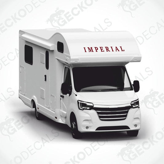 Red Imperial caravan roof decal applied to white motorhome exterior