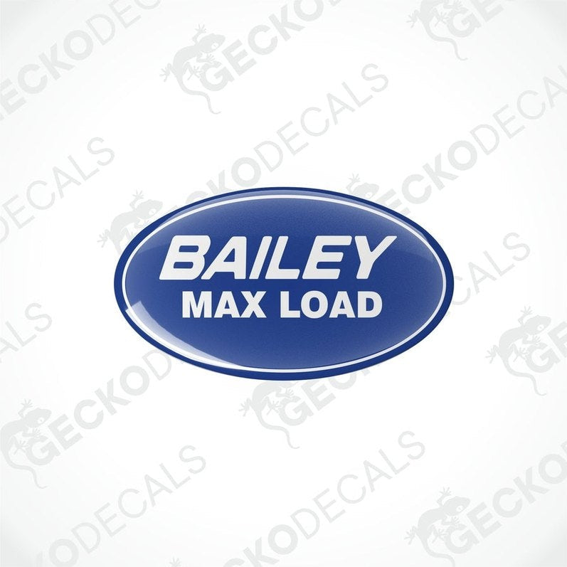 Blue domed epoxy decal with white Bailey Max Load text