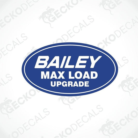 Blue oval BAILEY MAX LOAD UPGRADE decorative sticker with white text for caravan exterior or interior