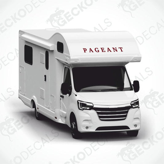 Red PAGEANT caravan decal applied to white motorhome roof overhang