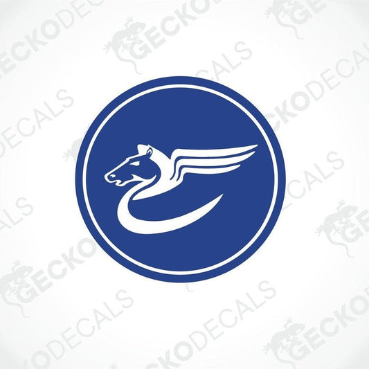 Blue circular Pegasus winged horse decorative sticker with white silhouette