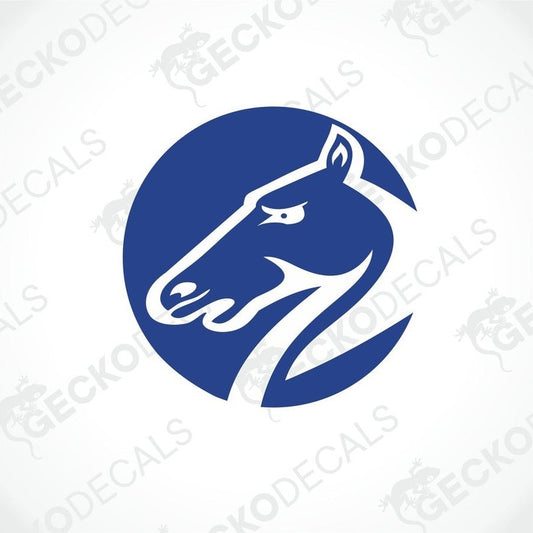 Blue circular BAILEY PEGASUS die-cut sticker with white horse head silhouette for caravan interior or exterior