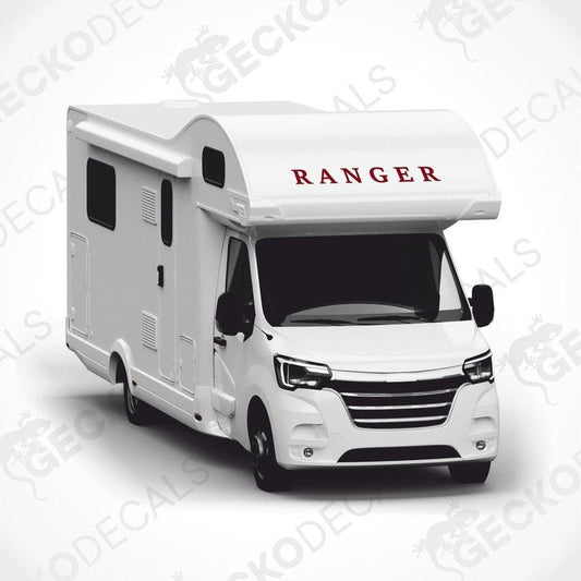 Red BAILEY RANGER text decal applied to front of raised roof motorhome