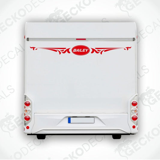 Red BAILEY caravan rear decal with wing flourishes applied to white exterior