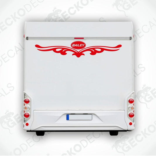 Red BAILEY caravan rear decal applied to white caravan back door
