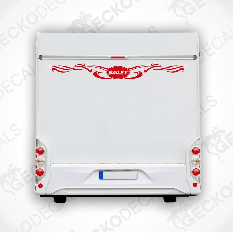 Red Bailey caravan rear decal with flame swirls applied to white exterior