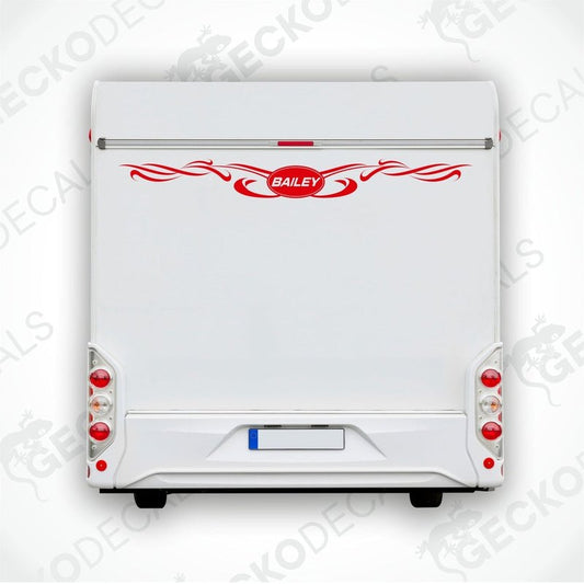Red Bailey caravan rear decal with flame swirls applied to white exterior