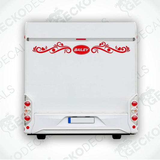 Red BAILEY caravan rear decal applied to white caravan exterior